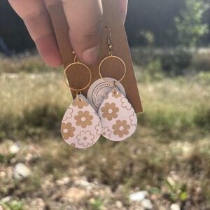 Boho Handmade Floral teardrop Earrings White and Gold  Dangle Polymer Clay